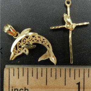 10k Gold Pendants Dolphin and Cross 1.36g